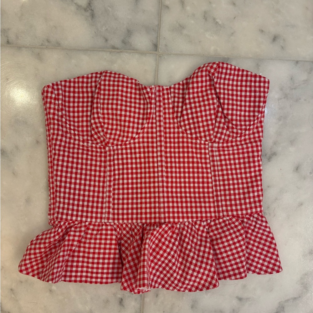Red Gingham Strappless Ruffle Top